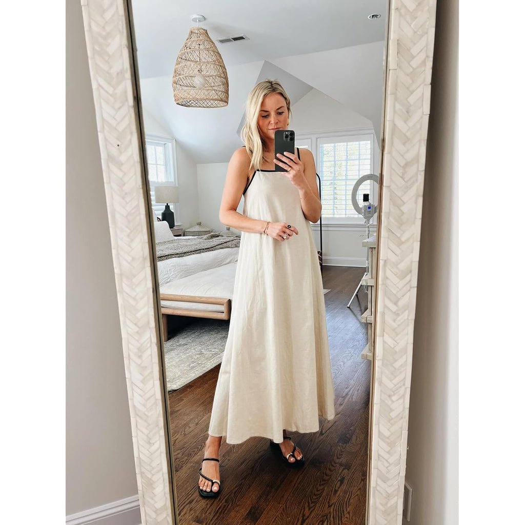 Senllen Women'S Linen Dress Summer Loose Flowy Sundress Contrast Spaghetti Strap Sleeveless Backless Beach Maxi Long Dresses