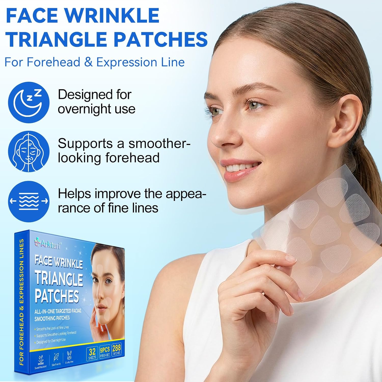 Face Wrinkle Triangle Patches, 288 Facial Patches For Forehead, Smile Line, Elevens, Crows Feet, Anti Wrinkle Patches For Forehead, Mouth, Under Eyes, Face Overnight Skin Care (1 Count (Pack Of 288))