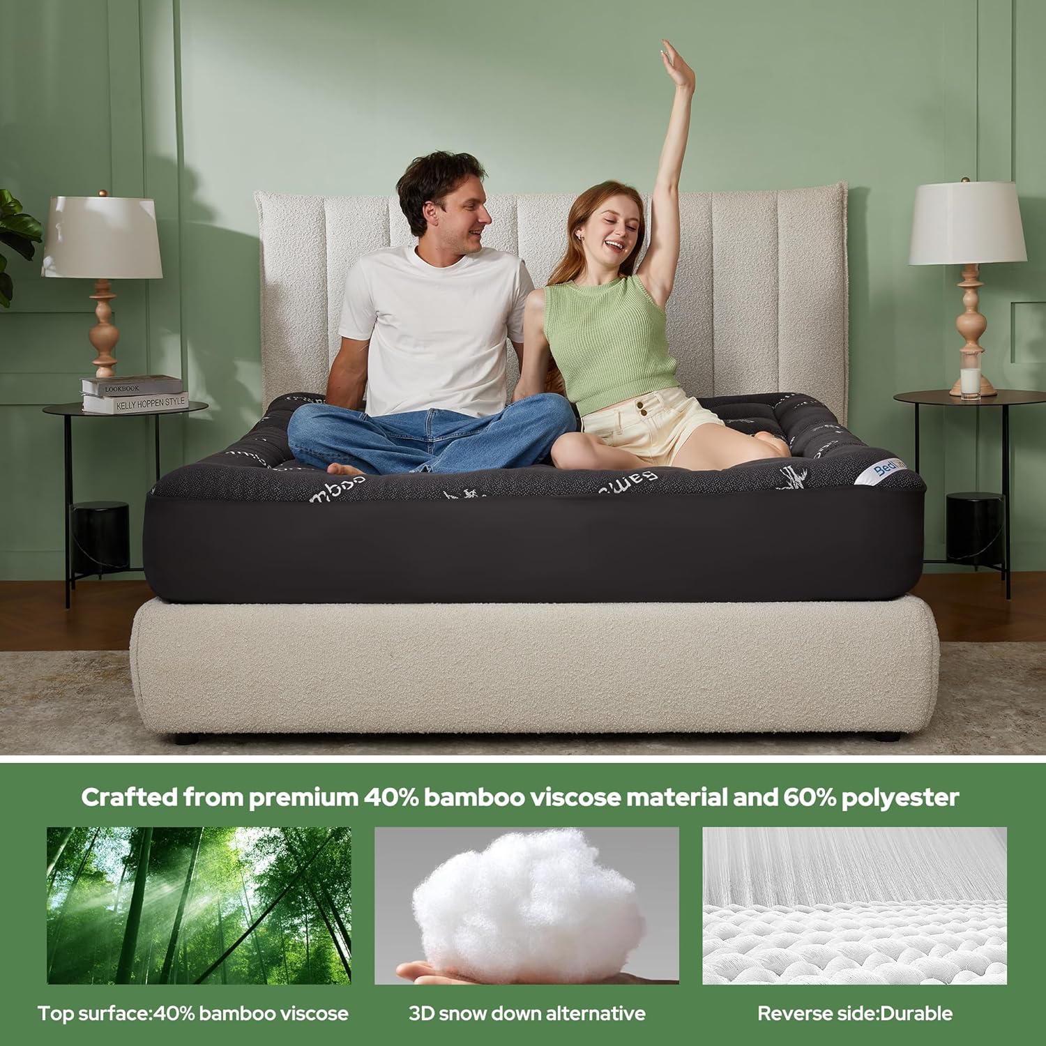 BEDLORE Queen Mattress Topper Viscose Derived from Bamboo, Thick Pillow Top Mattress Pad with Stretchable Pockets for 6-18 inches Mattress, Soft Mattress Topper for Back Pain Relief(Dark Gray)