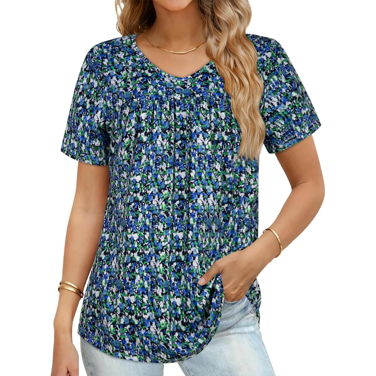 T Shirts for Women Short Sleeve Tops Casual Pleated Front Blouses V Neck Summer Tees 2026