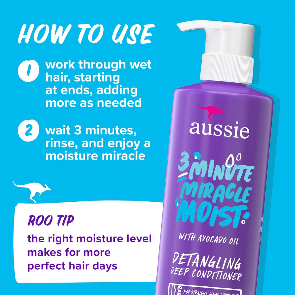 Aussie Miracle Moist Shampoo And Conditioner With 3 Minute Miracle Deep Conditioner, Avocado & Jojoba Oil, Paraben-Free, Moisturizes & Detangles, All Hair Types, Citrus Floral Scent, 3 Pack 68.4 Fl Oz