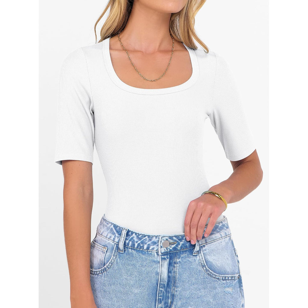 Anrabess Womens Half Sleeve Tops Scoop Neck Ribbed Knit Slim Fitted Basic Tee Shirts Summer 2026 Trendy Spring Casual Clothes
