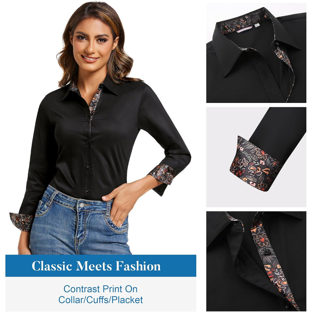 Womens Cotton Button Down Dress Shirt Long Sleeve Easy Care Dressy Work Tops Business Casual Blouses for Women