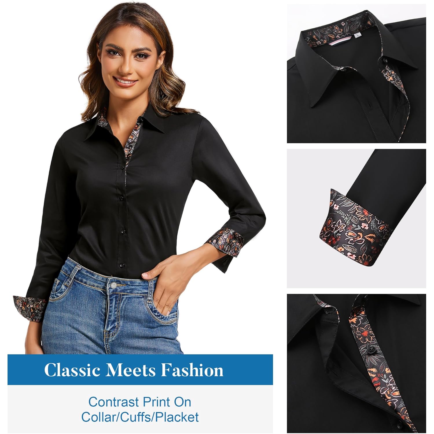 Womens Cotton Button Down Dress Shirt Long Sleeve Easy Care Dressy Work Tops Business Casual Blouses for Women
