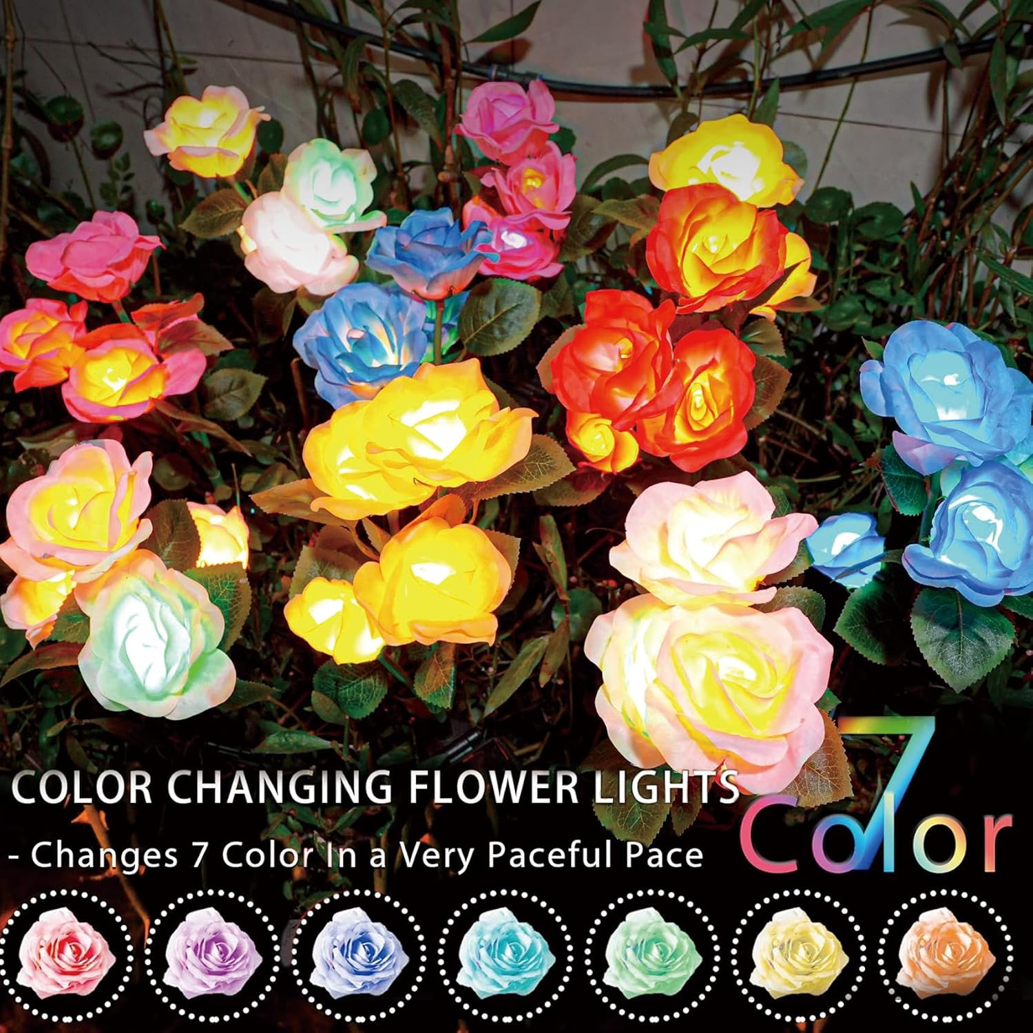 Tonulax Solar Garden Lights - Upgraded Outdoor Light, 7-Color Changing Rose Lights For Yard,Garden Decoration, Enlarged Solar Panel, More Realistic Rose Flower (2 Packs)