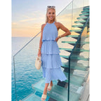 Zesica Women'S 2026 Summer Sleeveless Halter Neck Ruffle Tiered Layed Chiffon Flowy Swing Long Midi Dress