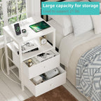 Boluo White Nightstand With Charging Station, Led Night Stand With 2 Fabric Drawers, Bedside Table With Usb Ports And Outlets, Nightstand For Bedroom Modern