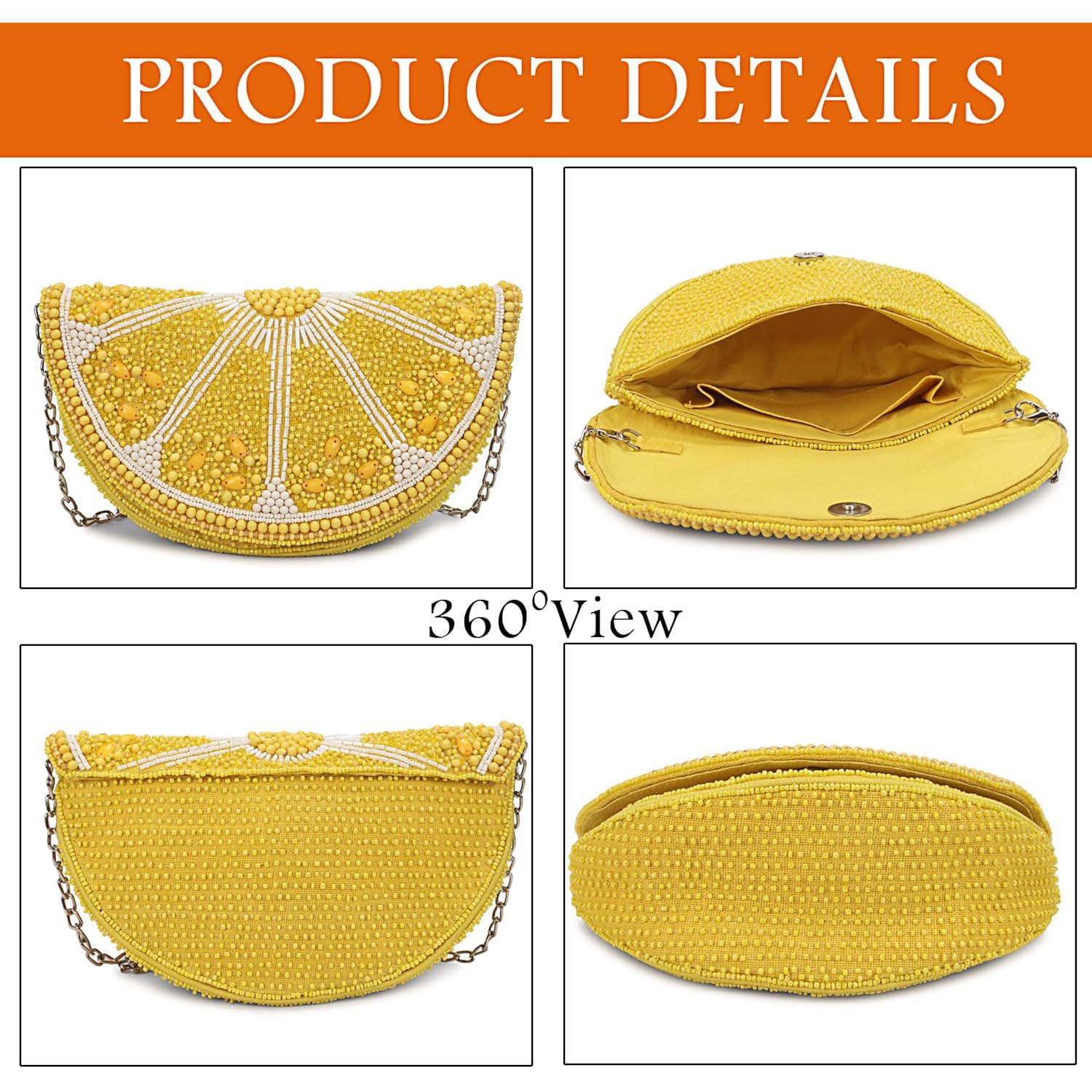 Longing To Buy Beaded Lemon Slice Clutch Purse, Yellow Evening Bag With Chain Strap, Novelty Fruit Design