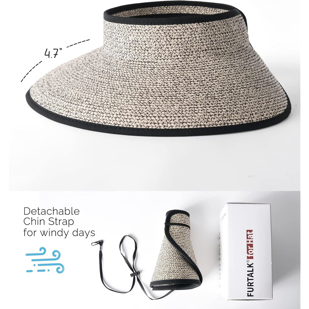 FURTALK Sun Hats for Women Wide Brim Beach Hat Straw Visor Ponytail Summer UV Packable Foldable Beach Vacation Essentials