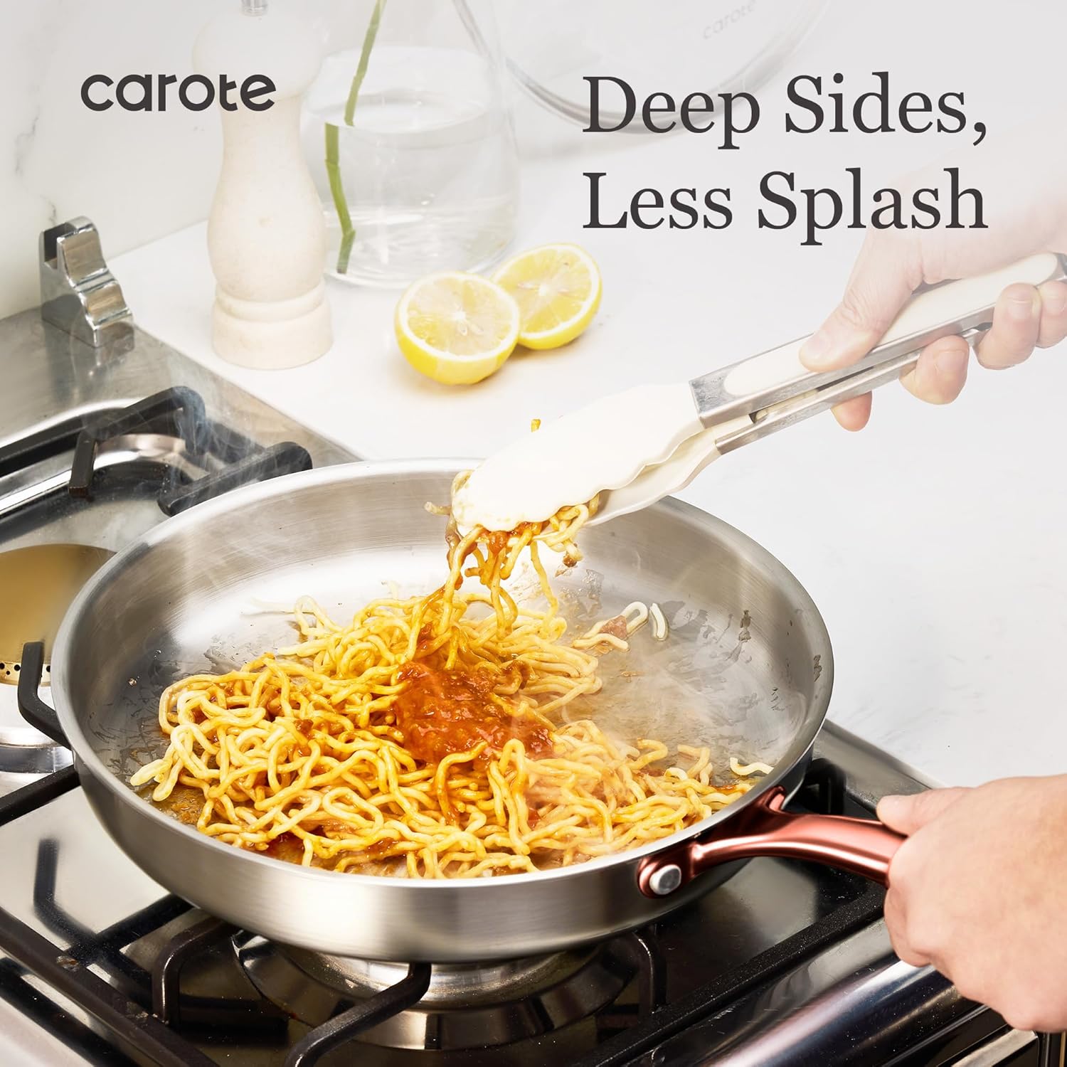 CAROTE 3-Piece Tri-Ply Stainless Steel Frying Pan Set, Skillet Set 8"/10"/12", Induction Compatible, Oven & Dishwasher Safe, Gold Handle, Mothers Day Gifts
