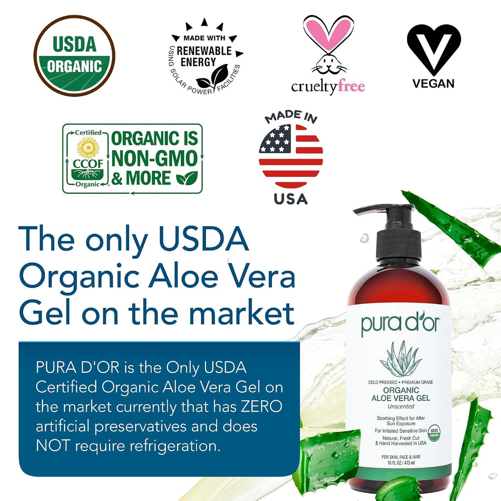 Pura D'Or 16 Oz Organic Aloe Vera Gel - Unscented - All Natural - Zero Artificial Preservatives - Deeply Hydrating & Moisturizing - Sunburn, Bug Bites, Rashes, Small Cuts, Eczema Relief - Skin & Hair