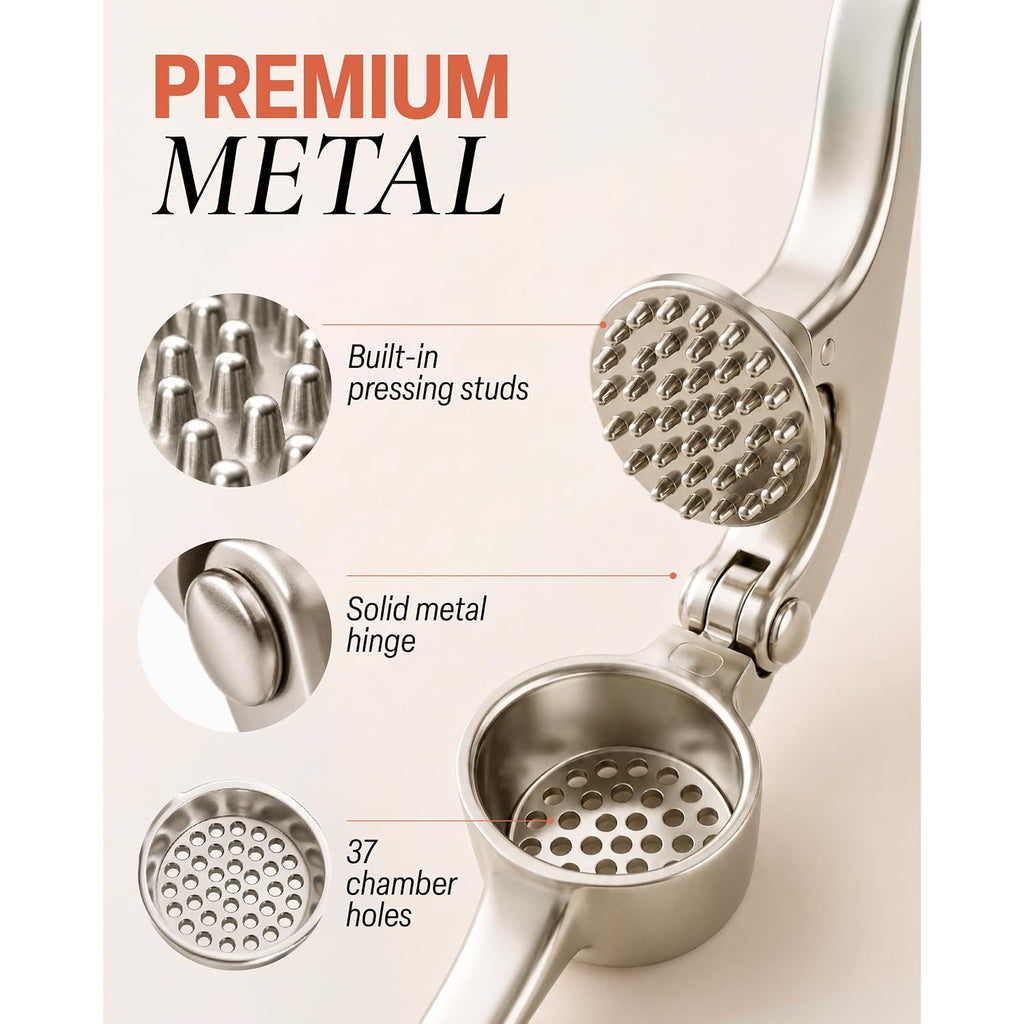 Zulay Kitchen Premium Garlic Press Set - Rust Proof Professional Garlic Mincer Tool - Easy-Squeeze, Easy-Clean With Soft, Ergonomic Handle - Silicone Garlic Peeler & Brush (Silver)
