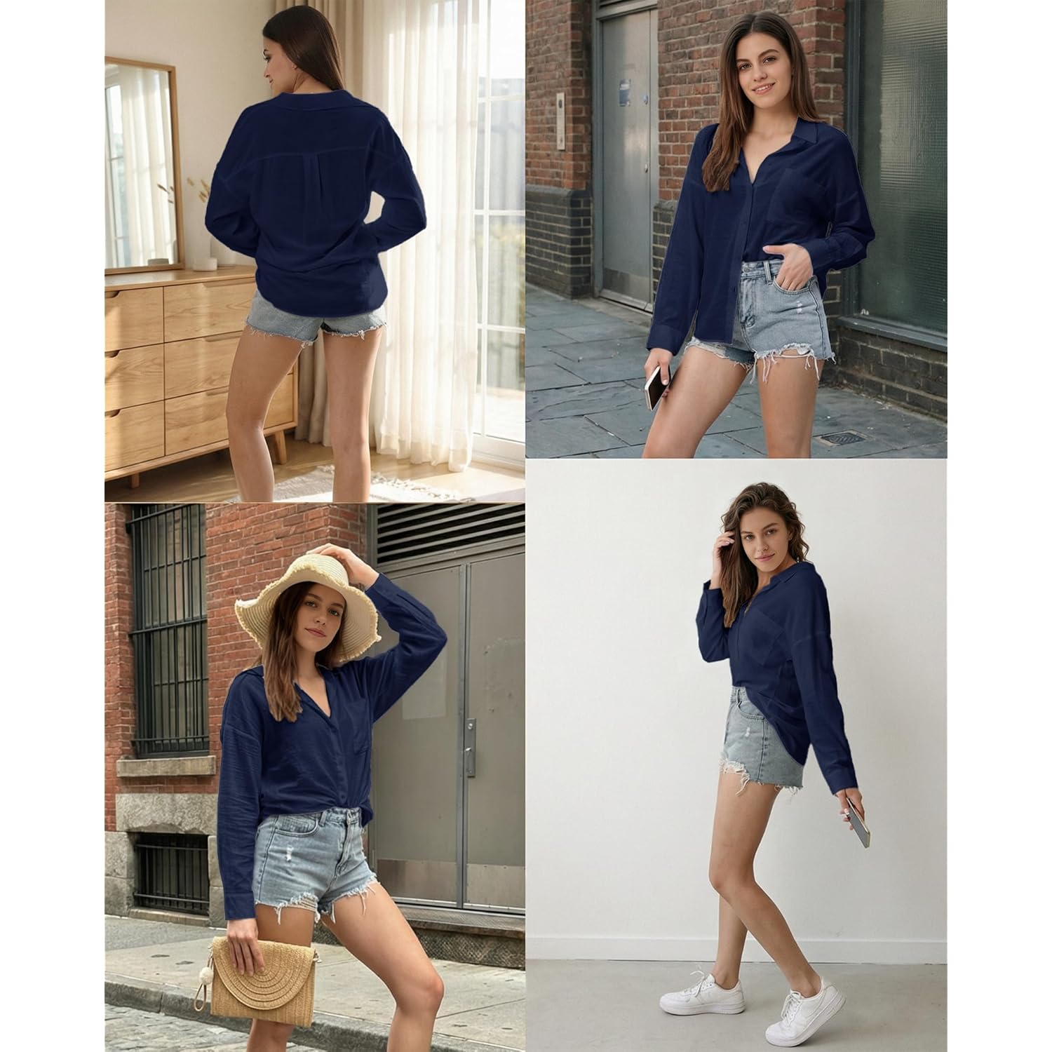 Womens Button Down Shirts Long Sleeve Linen Casual Collared Blouses Loose Fit