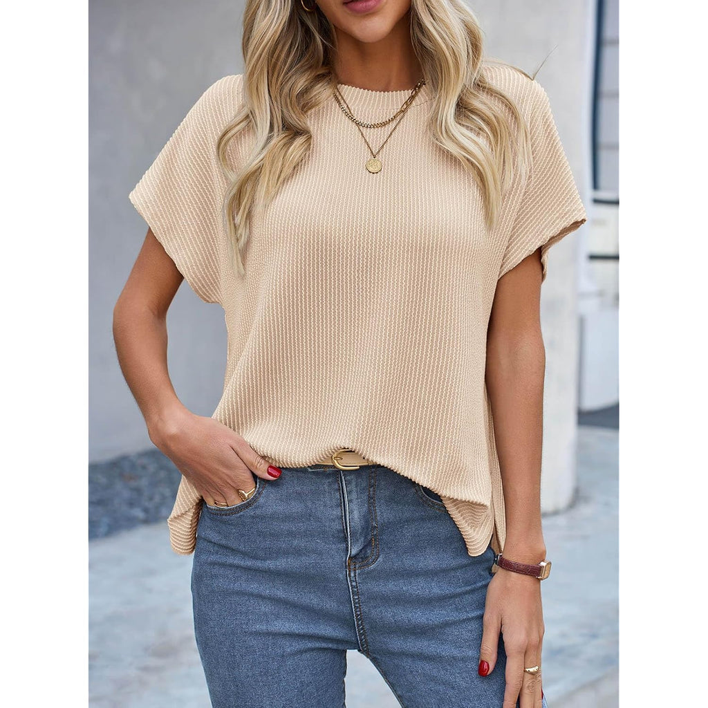 Tankaneo Womens Oversized Short Cap Sleeve Tunic Tops Summer Casual Textured Ribbed Knit T-Shirts Loose Fit Tees