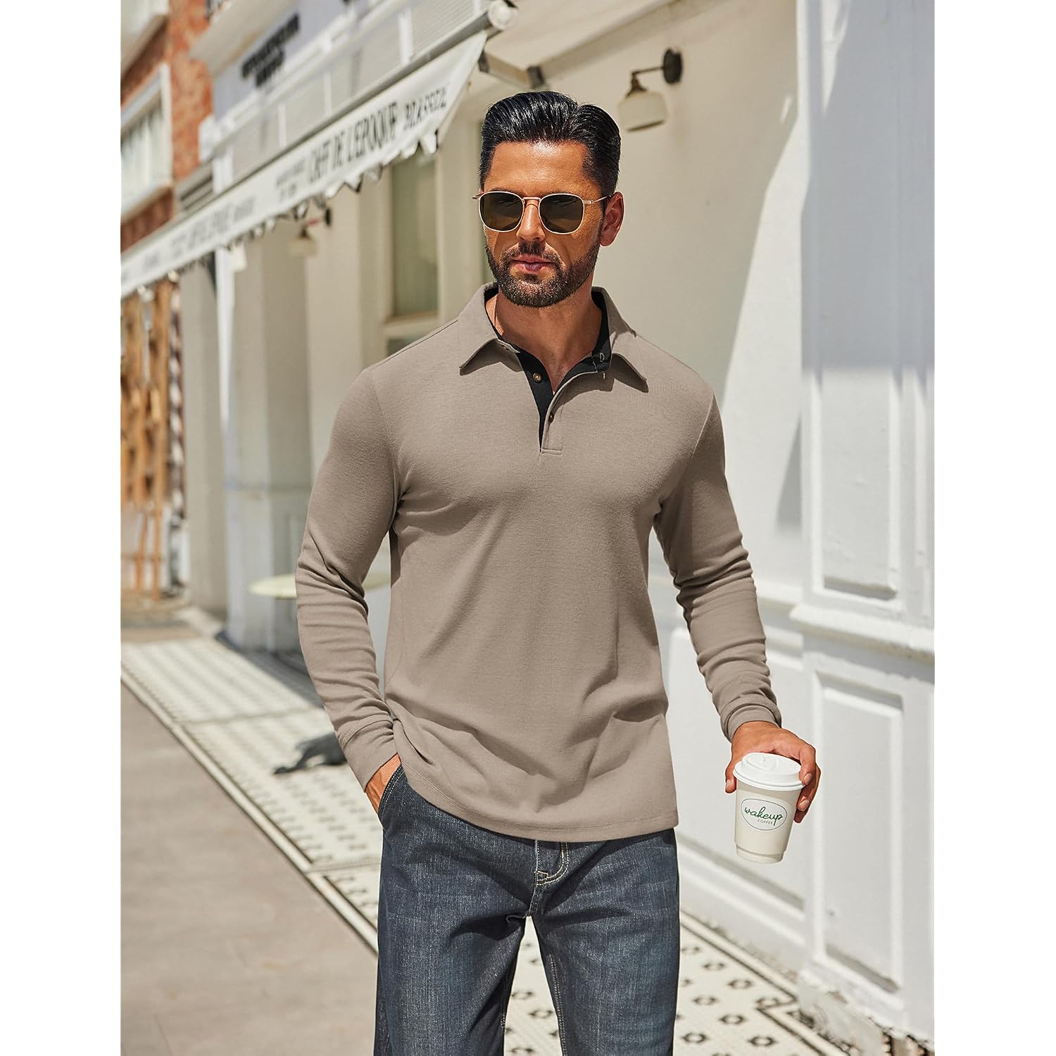 Coofandy Mens Long Sleeve Polo Shirts Classic Casual Button Polo Tee Lightweight Collared Golf Shirt