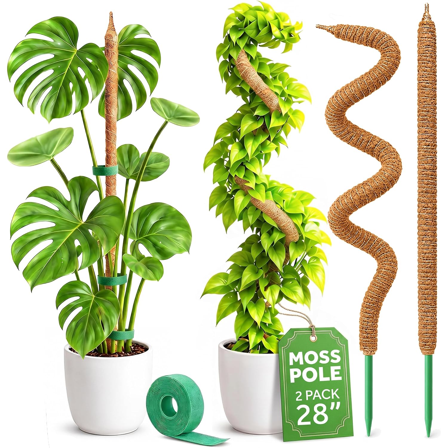 2 Pack 28'' Bendable Moss Pole Monstera Plant Support For Climbing Indoor Plants - Stakes For Potted Climbers - Tall Sticks Indoor Trellis For Houseplants - Accessories For Monstera Pot