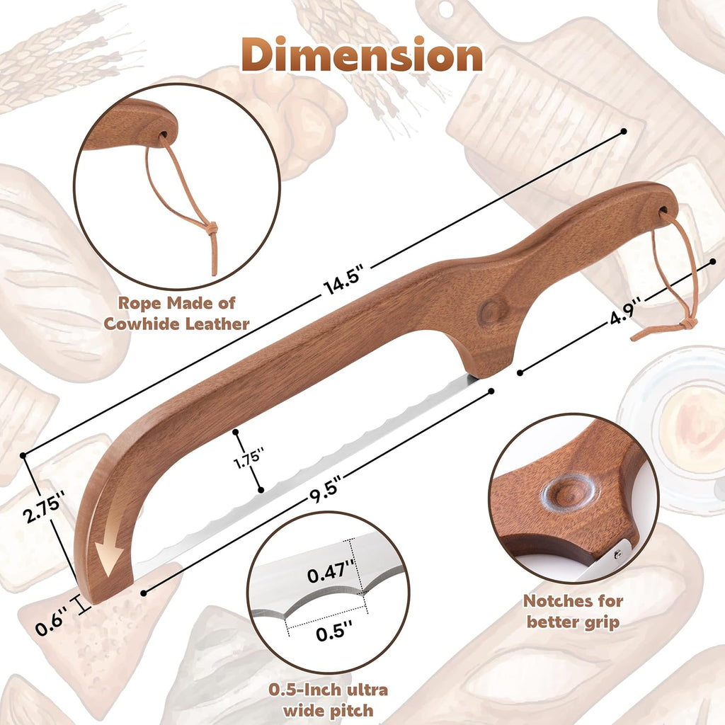 Bread Knife for Homemade Bread, 14.5" Wooden Sourdough Bread Knife, Sourdough Bread Slicer, Bow Design, Easy to Cut Into Uniform Thin Slices, Bread Saw for Cutting Sourdough Bread, Bagel, Baguette Etc