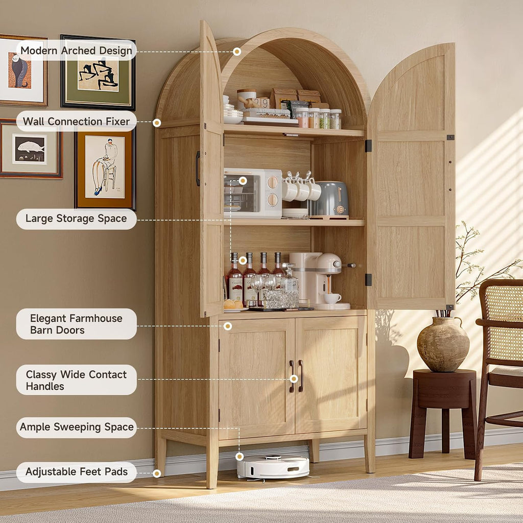 71" Tall Wooden Arched Cabinet, 5-Tier Arched Kitchen Pantry Cabinet With Doors & Shelves, Farmhouse Kitchen Arch Cabinets With Adjustable Feet, Wooden Pantry Storage For Dining Room(Oak)
