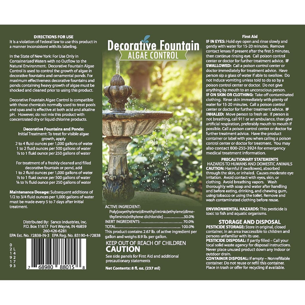 Fountain Algaecide And Clarifier - 8Oz - Kills And Inhibits All Types Of Algae Growth, Formulated For Small Ponds And Water Features, Treats Up To 8,000 Gallons