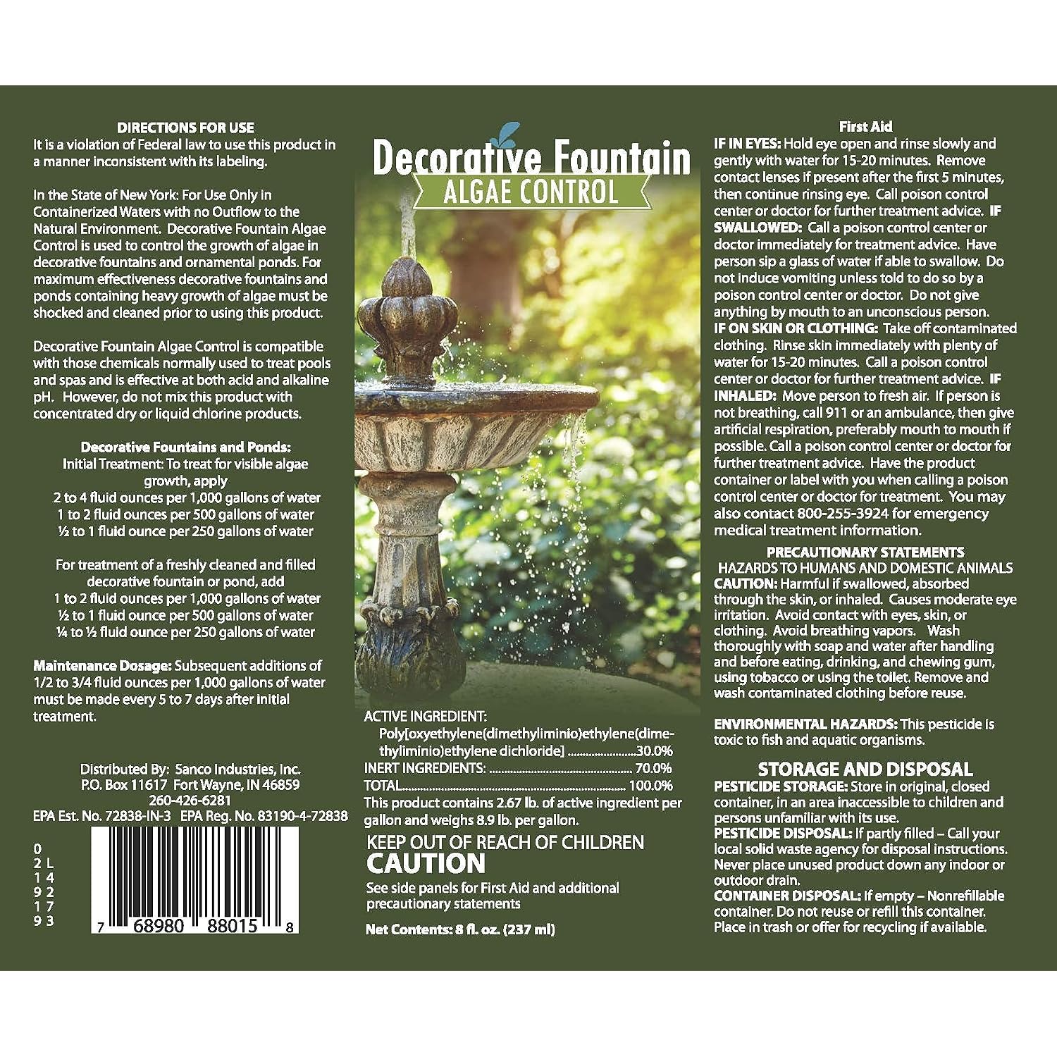 Fountain Algaecide And Clarifier - 8Oz - Kills And Inhibits All Types Of Algae Growth, Formulated For Small Ponds And Water Features, Treats Up To 8,000 Gallons