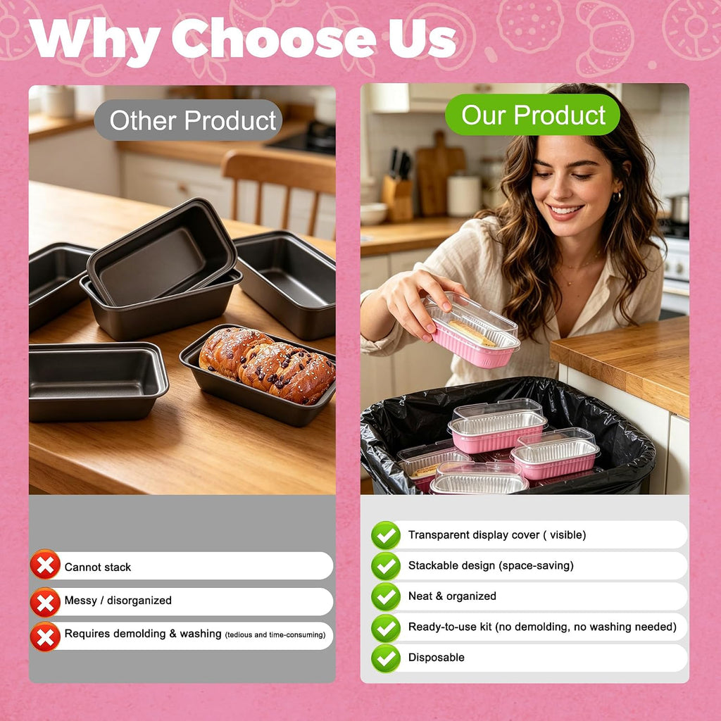 Mini Loaf Pans With Lids, 50 Pack Pink 6.8Oz For Party Favors | Fits Tartlets, Pudding Desserts, Loaf Slices And Sweet Samples; Single-Base Workflow Helps Limit Dish Handling.