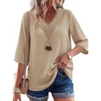 Lomon Women'S 3/4 Length Sleeve Boho Tops V Neck Lace Summer Outfits Dressy Casual Flowy Shirts Vacation Clothes Blouses
