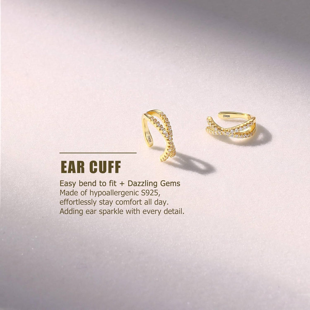 KRFY 2Pcs Adjustable Ear Cuff S925 Sterling Silver Ear Cuffs Non Piercing Cuff Earrings for Women 5A Cubic Zirconia Clip On Cartilage Helix Conch Fake Earrings Hypoallergenic
