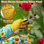 Dly Garden Gloves For Women,Gardening Gloves,Gardening Gift For Lady,Blue,M | Thornproof Cowhide Palm, Foam-Padded Grip, Long Sunflower Print Cuff, 3-Finger Touchscreen, Rose Pruning, Weeding & Yard Work
