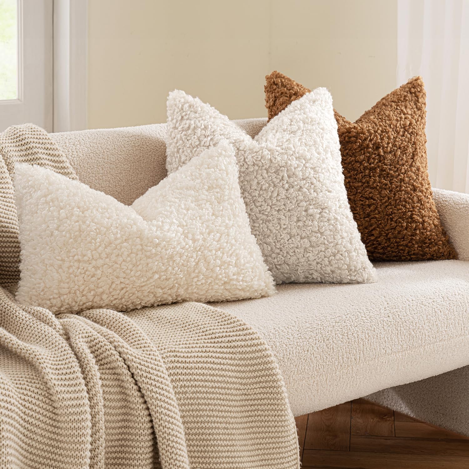 Miulee Faux Fur Decorative Sherpa Throw Pillow Covers 18X18 Inch Pack Of 2 | Neutral Light Beige Pillow Covers Fuzzy Accent Soft Sheepskin Fleece For Boho Home Decor Sofa Living Room Couch Bed