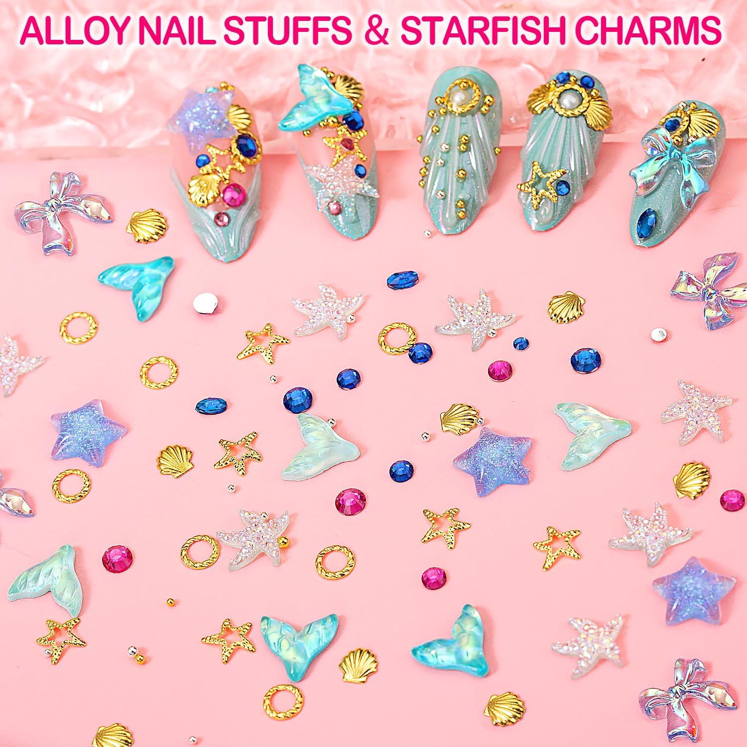 8000pcs 3D Nail Charms and Nail Gems, Cute Nail Rhinestones and Charms Y2K for Nails Nesign, Variety Butterfly Bow Moon Star Flower Junk Case Charms Gold Pearls Nail Jewels for Nail Art Decorations