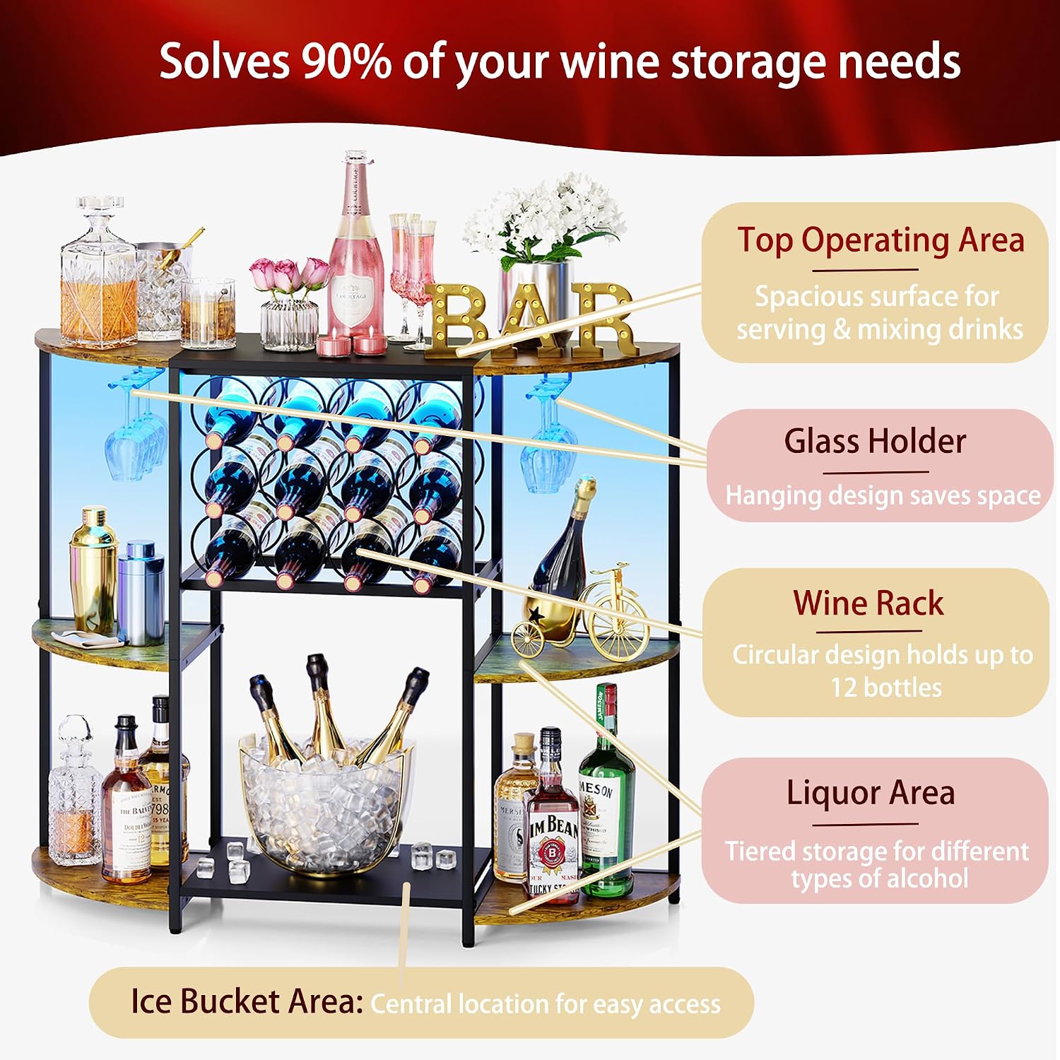 Wine Bar Cabinet With Led Lights, Mini Wine Bar Cart With Storage And Glass Holder, Home Bar Coffee Bar For Liquor, 3-Tier Bar Table For Kitchen, Dining Room, Living Room, Black