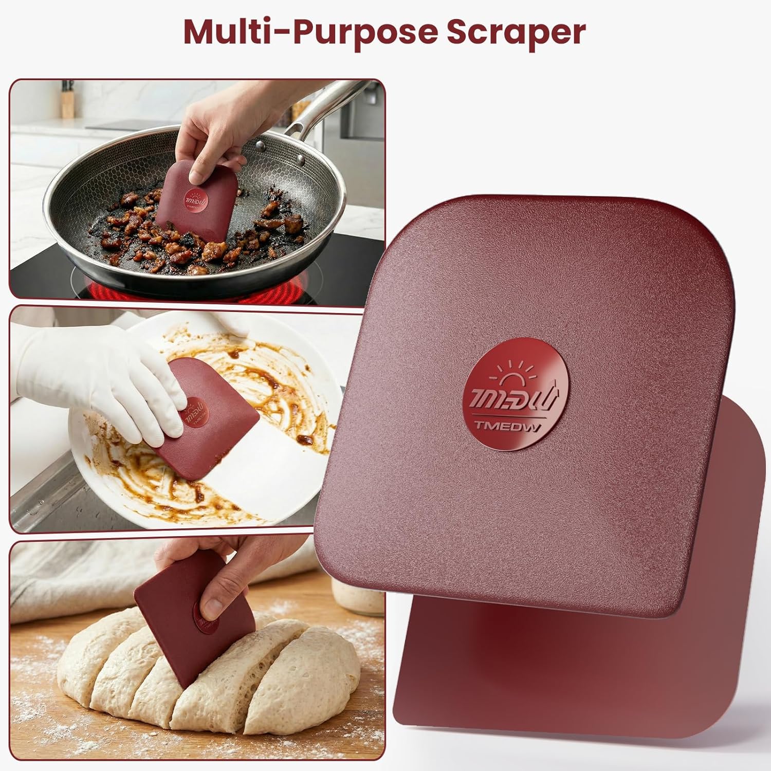 TMEDW Pan Scraper, 5 Pcs Pot Scraper, Pan Scraper Plastic, Multifunctional Scraper Tool for Kitchen, Non-Slip, Food Safe, High Heat Resistant-Red