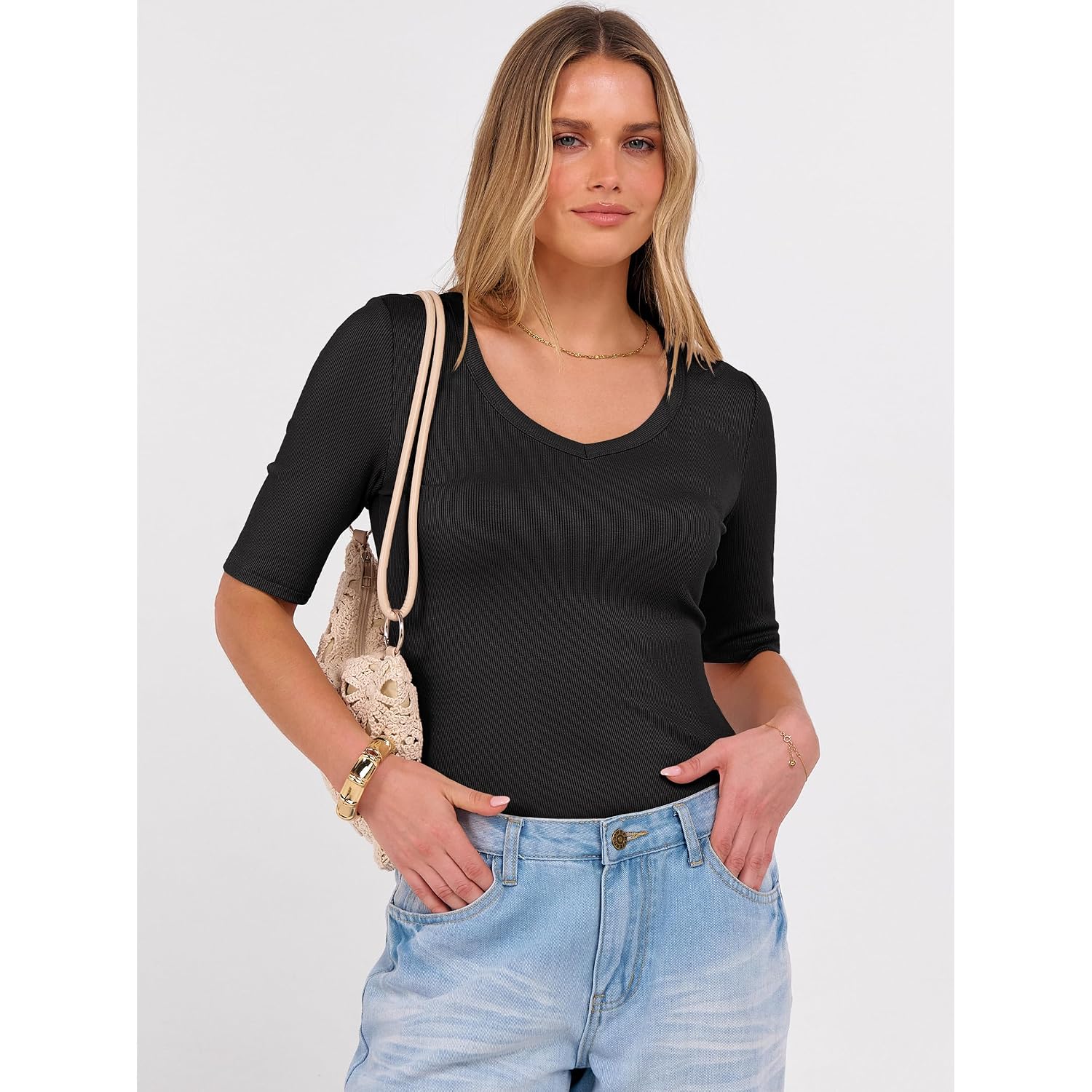 ANRABESS Womens Half Sleeve Tops V Neck Ribbed Knit Slim Fit Basic T Shirts 2026 Summer Casual Tees Spring Trendy Clothes