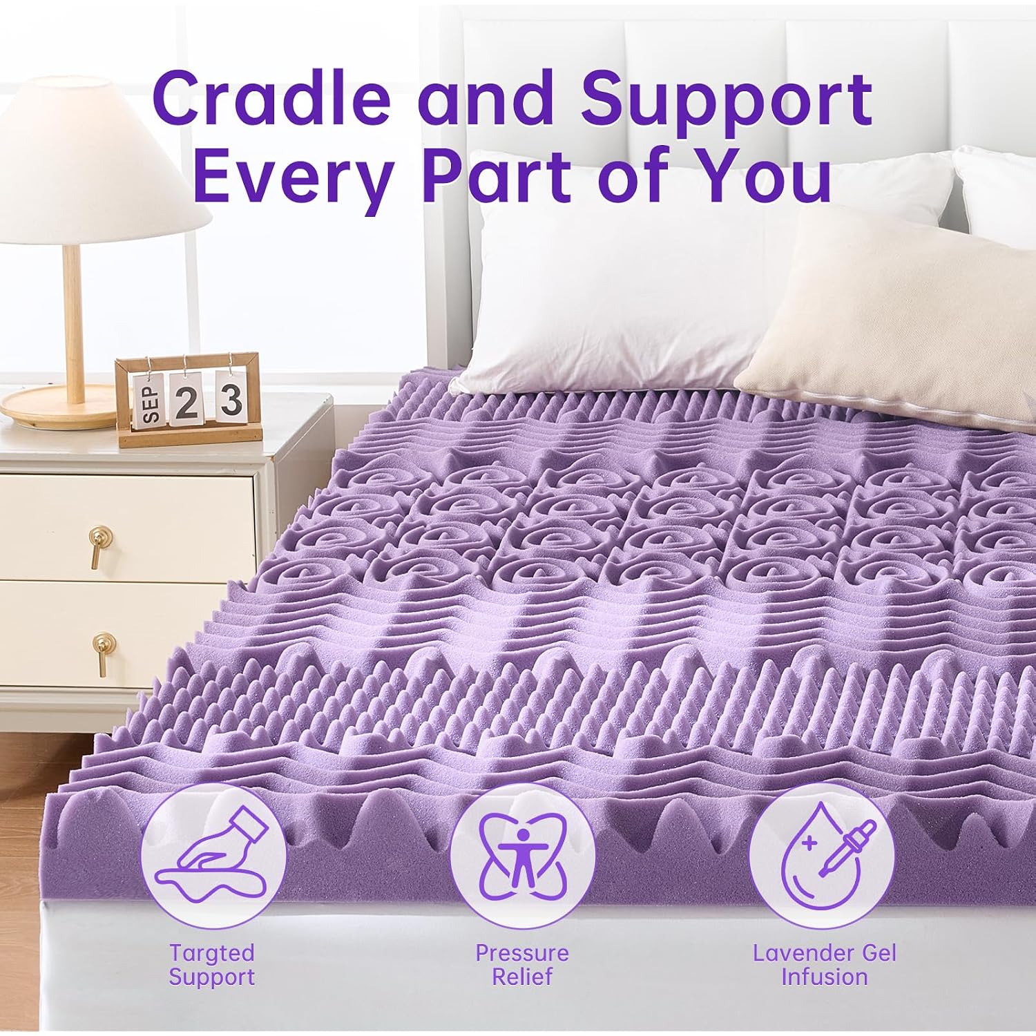 3 Inch 7-Zone Queen Mattress Topper, Egg Crate Memory Foam Mattress Topper Queen Size For Back Pain, Lavender Gel Infused Bed Pad, Certipur-Us And Oeko-Tex Certification (60"×80")