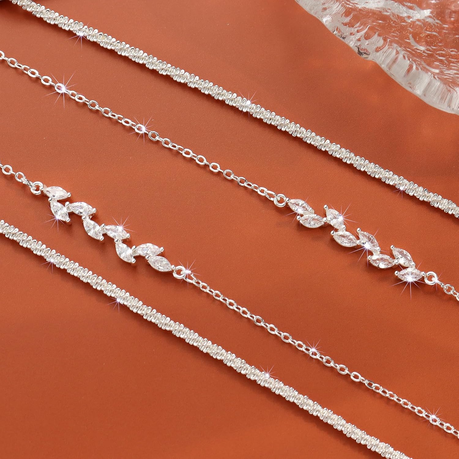 Sterling Silver Anklets Bracelets for Women 14k Gold Plated Waterproof Layered Stackable CZ Charm Non Tarnish Adjustable Anklet for Summer Beach Birthday Jewelry Gift