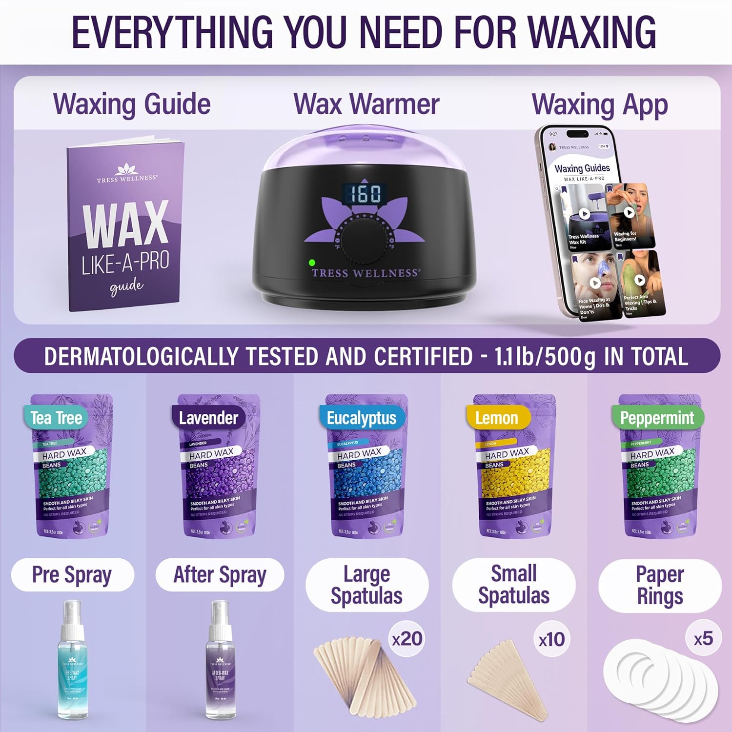 Tress Wellness Waxing Kit for Sensitive Skin, Safe for Face & Skin, Prep & Aftercare Spray, Easy to Use, At-Home Kit for Face, Bikini, Brazilian & Full Body - Digital Display, Black Purple Flower