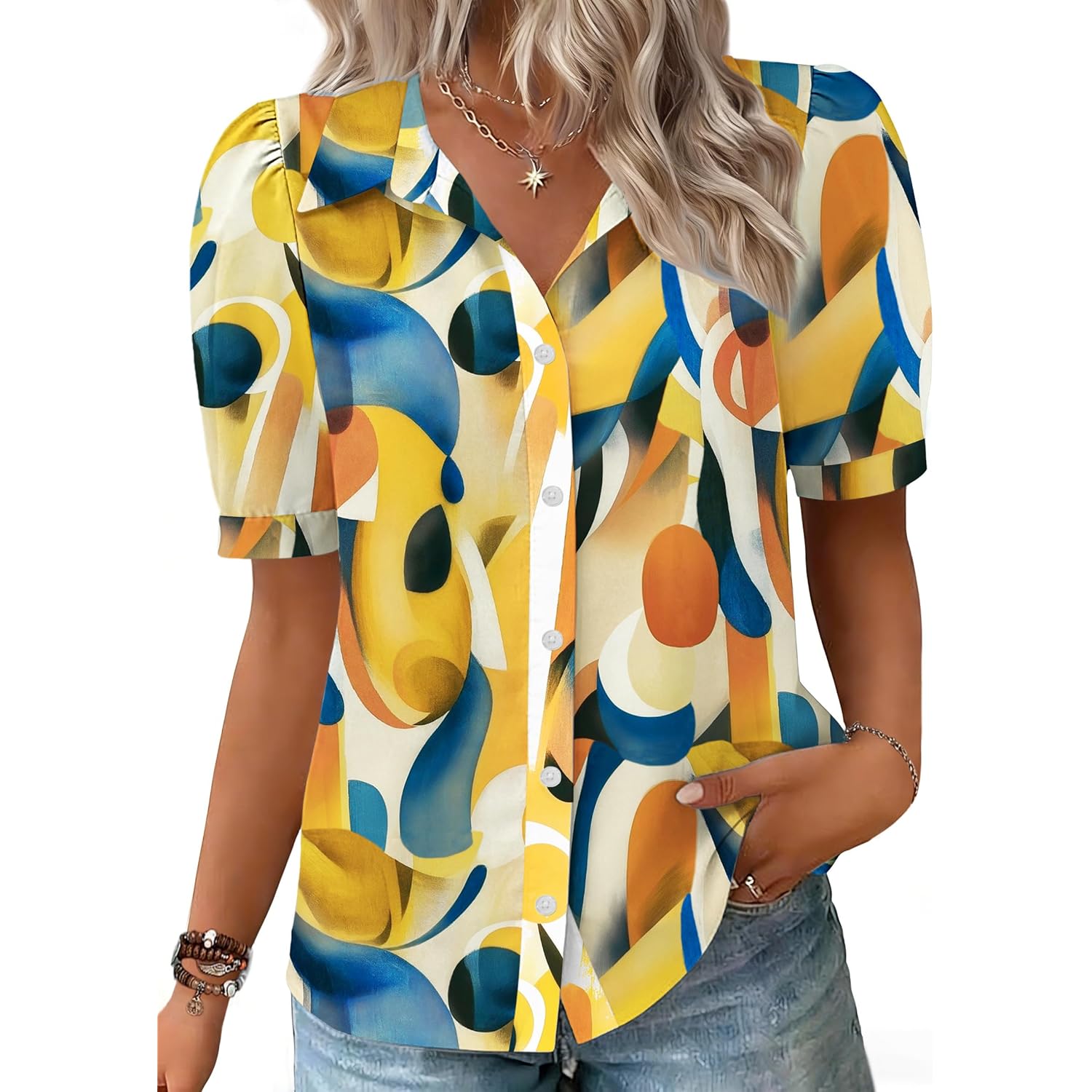 Women Button Down Shirts Puff Short Sleeve Blouses Chiffon Tops Business Casual Outfits Summer Clothes