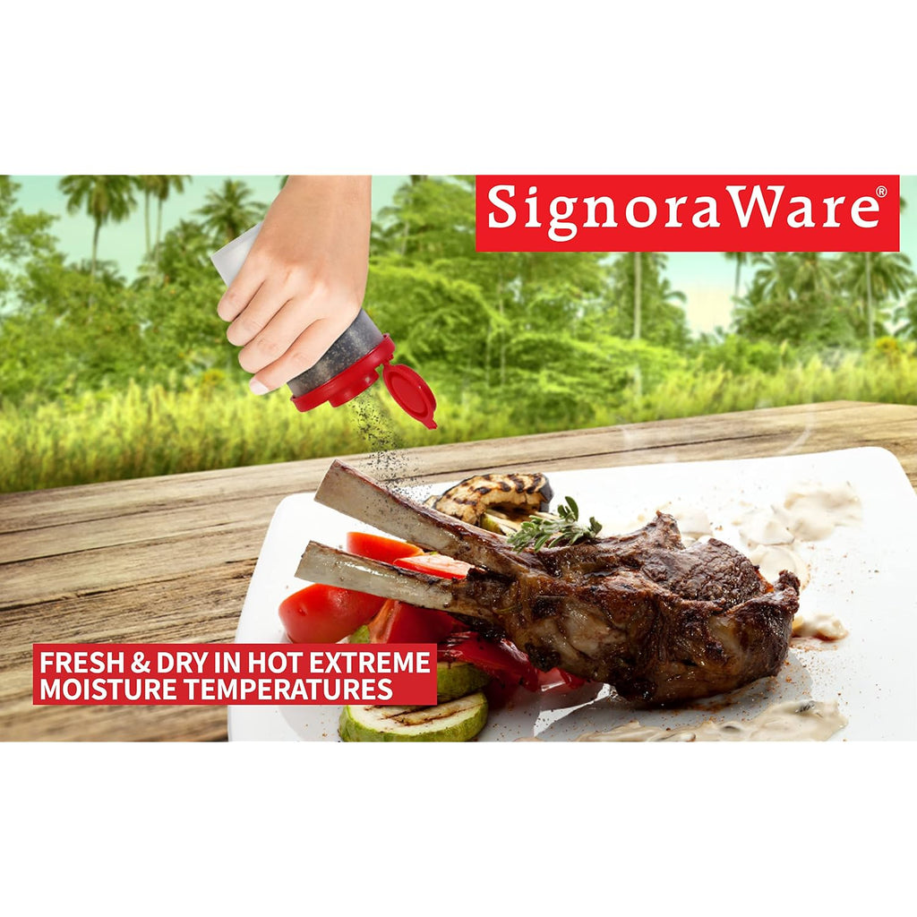 Signoraware Salt And Pepper Shakers Moisture Proof Set Of 2 Large Salt Shaker To Go Camping Picnic Outdoors Kitchen Lunch Boxes Travel Spice Set Clear With Red Covers Lids Plastic Airtight Dispenser