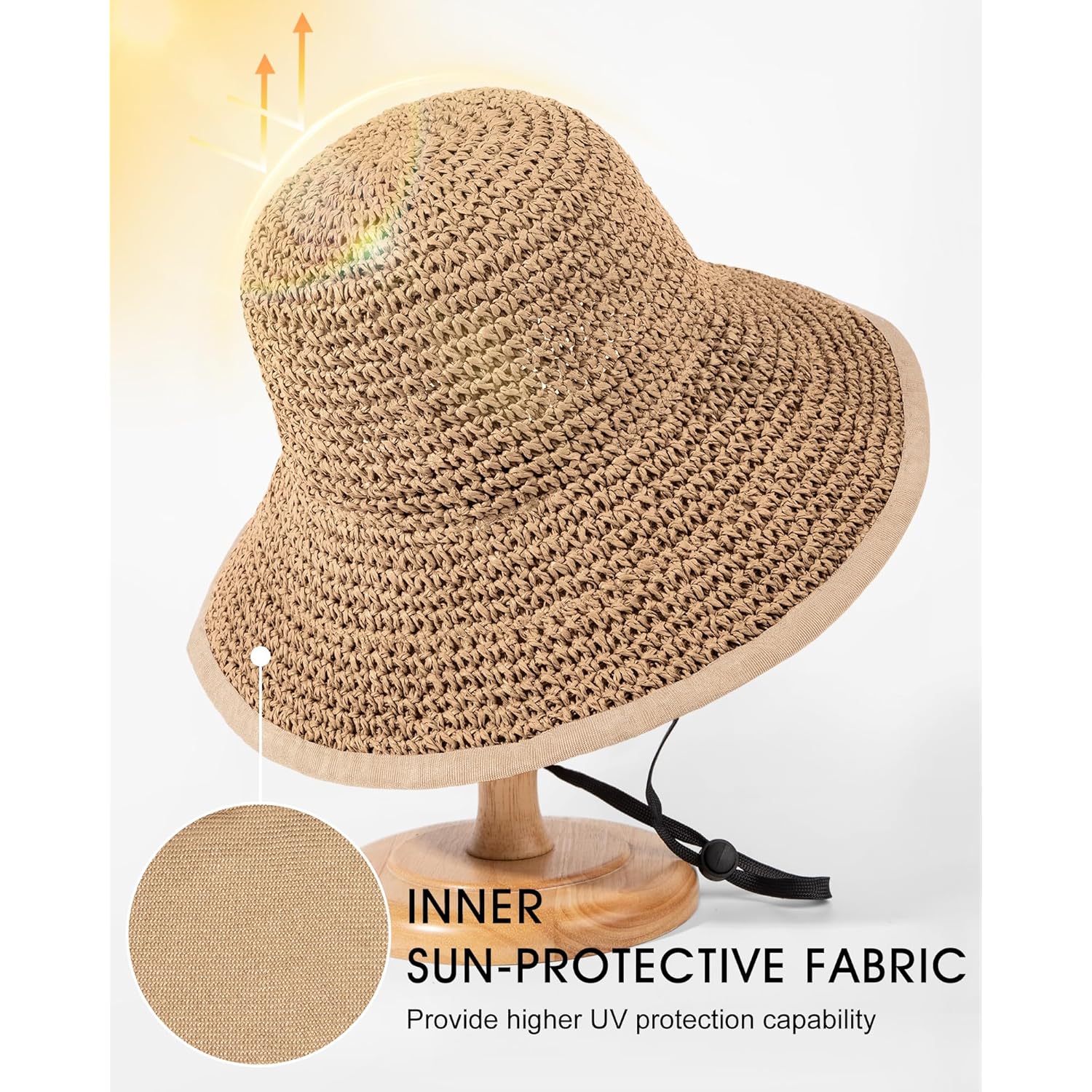 Senker Fashion Sun Hats for Women UV Protection Handmade Wide Brim Packable Straw Bucket Hat for Beach Summer Vacation Travel