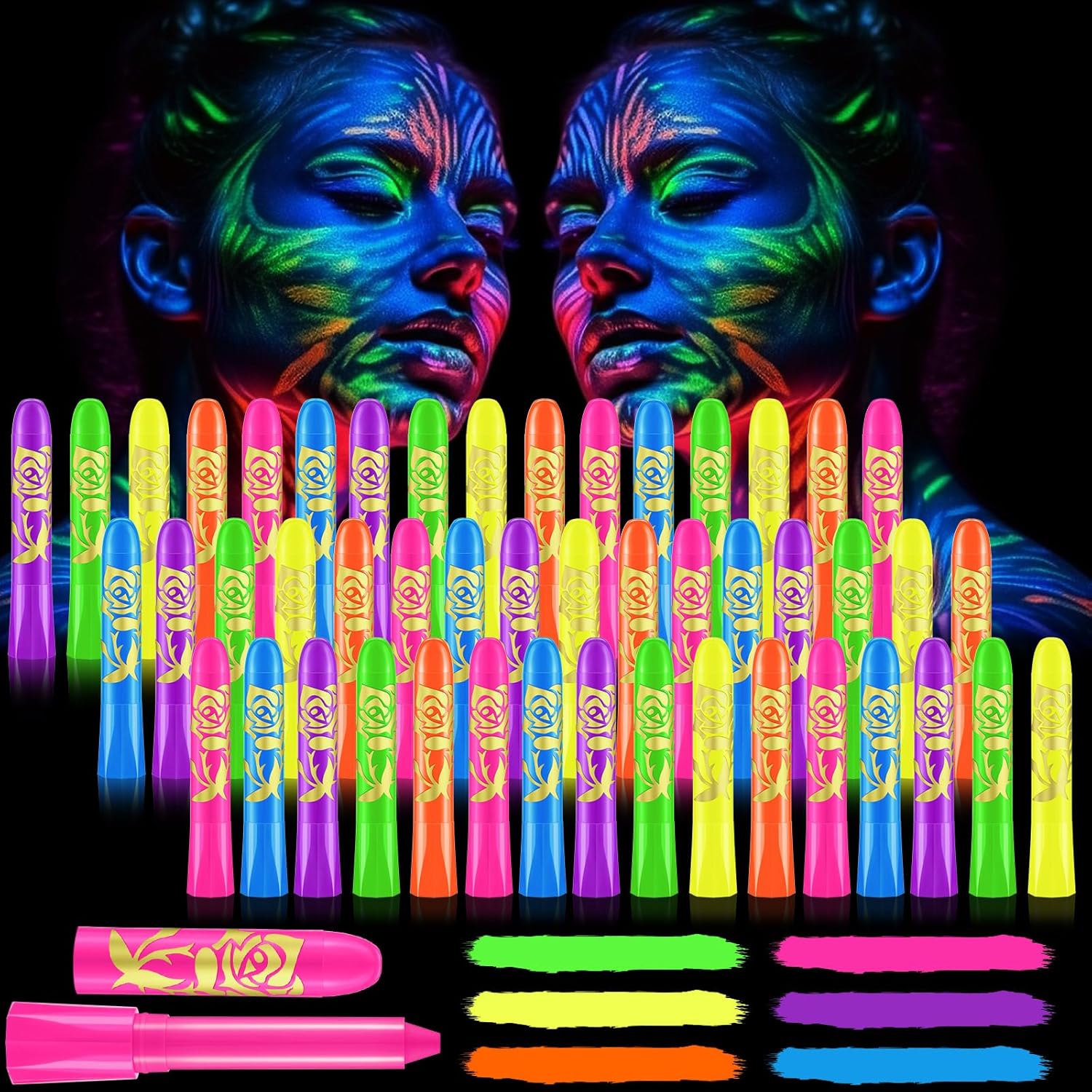 Tenceur 48 Pcs Glow in The Dark Face Body Paint Makeup, UV Crayon Black Light Fluorescent Body Face Painting Kit for Adult Birthday Party Halloween Makeup Outdoor, 6 Colors