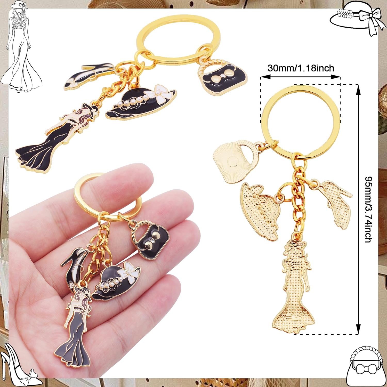 4Pcs Women Dress Up Keychain Alloy Enamel High Heel Lady Hat and Handbag Charm Keyrings for Fashion Decoration Accessories