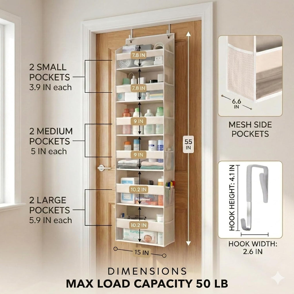 Upgraded 6 Tiers Over The Door Organizer Hanging - 100D Extra Thick & 50Lbs Huge Capacity, 12 Side Mesh Pockets Over The Door Shoe Organizer, Hanging Closet Organizer (Ivory, 1Pc)