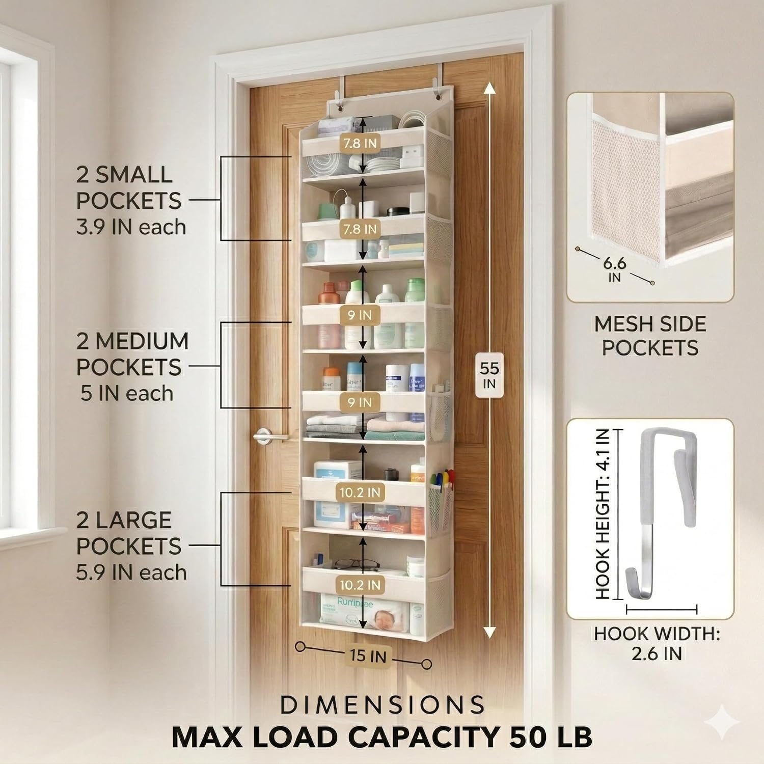 Upgraded 6 Tiers Over The Door Organizer Hanging - 100D Extra Thick & 50Lbs Huge Capacity, 12 Side Mesh Pockets Over The Door Shoe Organizer, Hanging Closet Organizer (Ivory, 1Pc)
