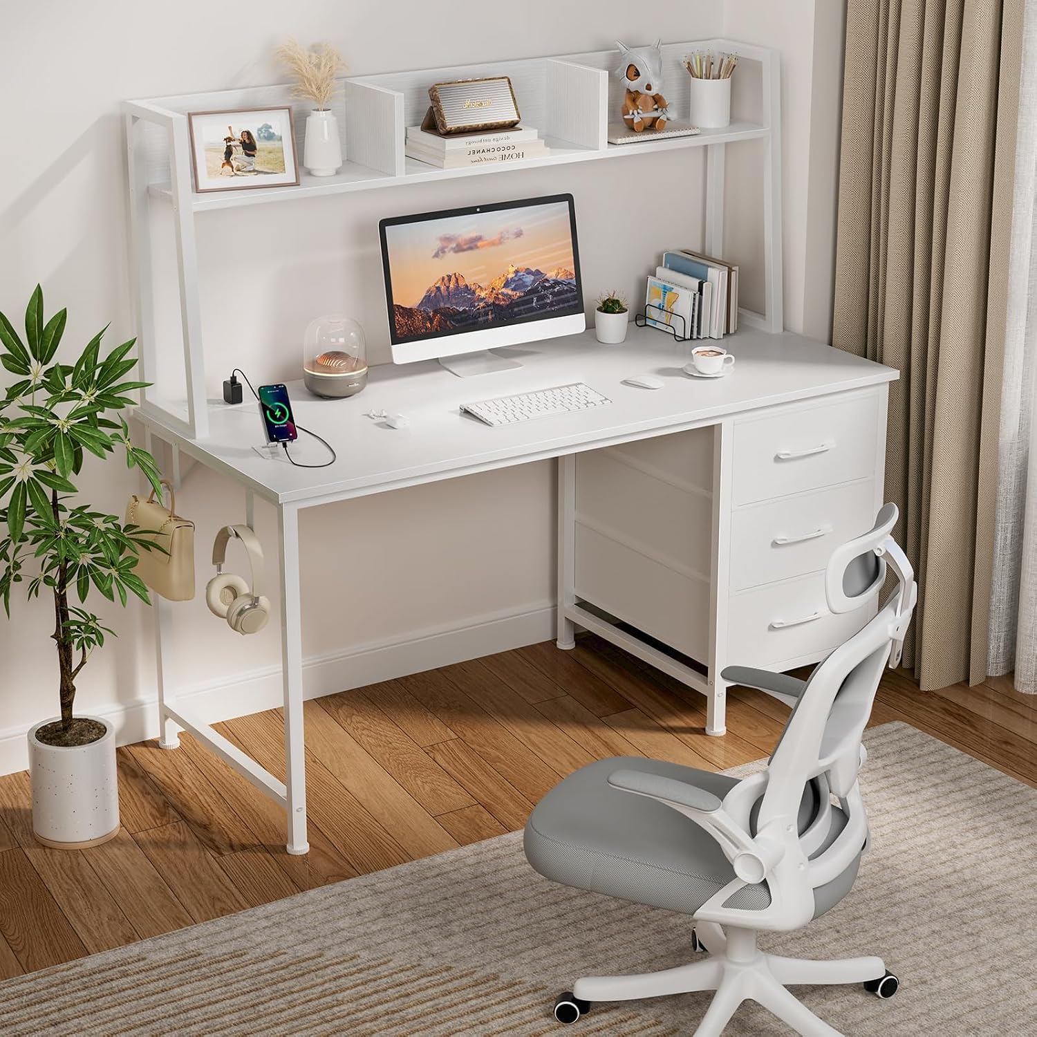 Dlisiting White Computer Desk With Hutch & Drawers - 47 Inch Modern Study Writing Office Desk With 3 Storage Drawers And Power Outlets For Bedroom Home Office
