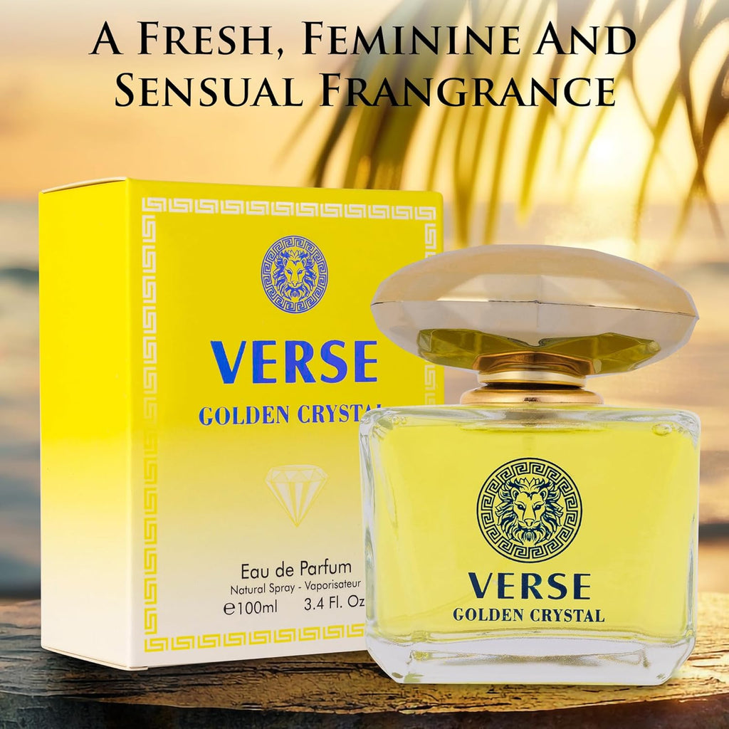 Verse Golden Crystal for Women 3.4 fl Oz - Floral Fruity Fragrance - Top Notes of Amalfi Lemon, Bergamot & Neroli - Base Notes of Guaiac Wood, Amber & Musk - Free of Parabens - Elegant 100ml Bottle