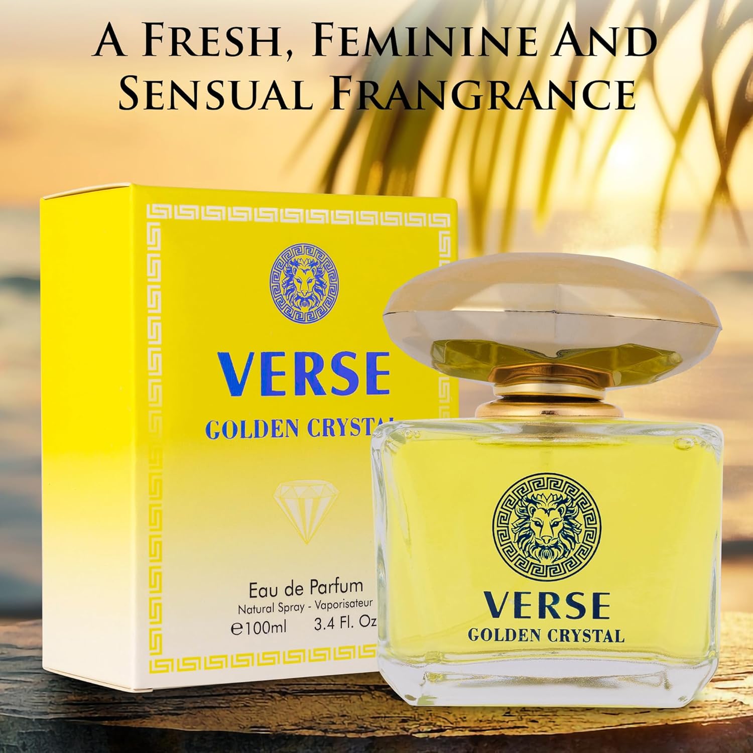 Verse Golden Crystal for Women 3.4 fl Oz - Floral Fruity Fragrance - Top Notes of Amalfi Lemon, Bergamot & Neroli - Base Notes of Guaiac Wood, Amber & Musk - Free of Parabens - Elegant 100ml Bottle