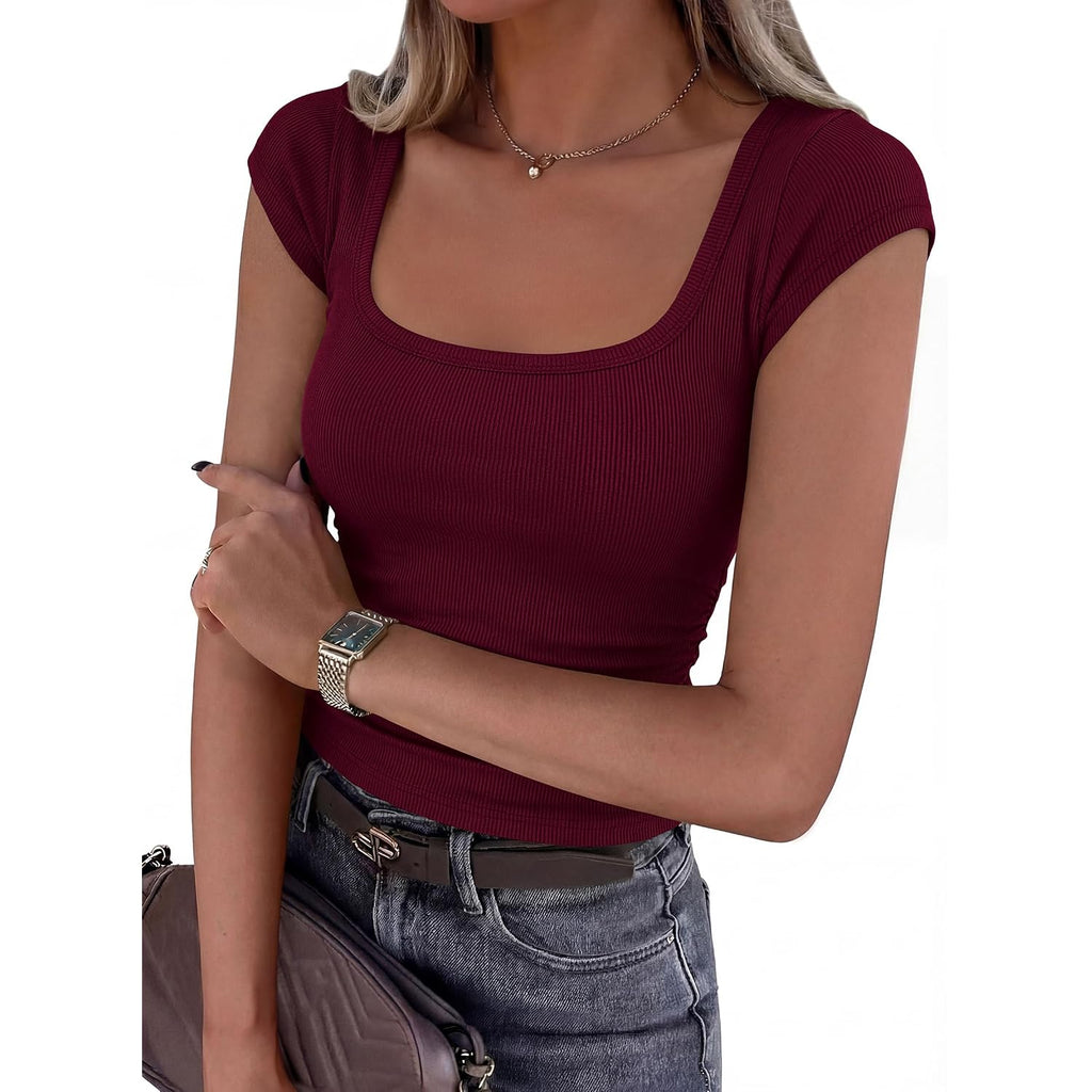 PRETTYGARDEN Womens Cap Sleeve T Shirts 2026 Square Neck Basic Tees Slim Fit Ribbed Knit Spring Going Out Tops Summer Clothes
