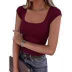 PRETTYGARDEN Womens Cap Sleeve T Shirts 2026 Square Neck Basic Tees Slim Fit Ribbed Knit Spring Going Out Tops Summer Clothes