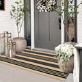 Striped Outdoor Front Door Mat 24"X51", Cotton Hand Woven Washable Black And Khaki Rug Runner, Reversible Foldable Indoor Layered Front Door Rugs For Entryway/Farmhouse/Home Entrance