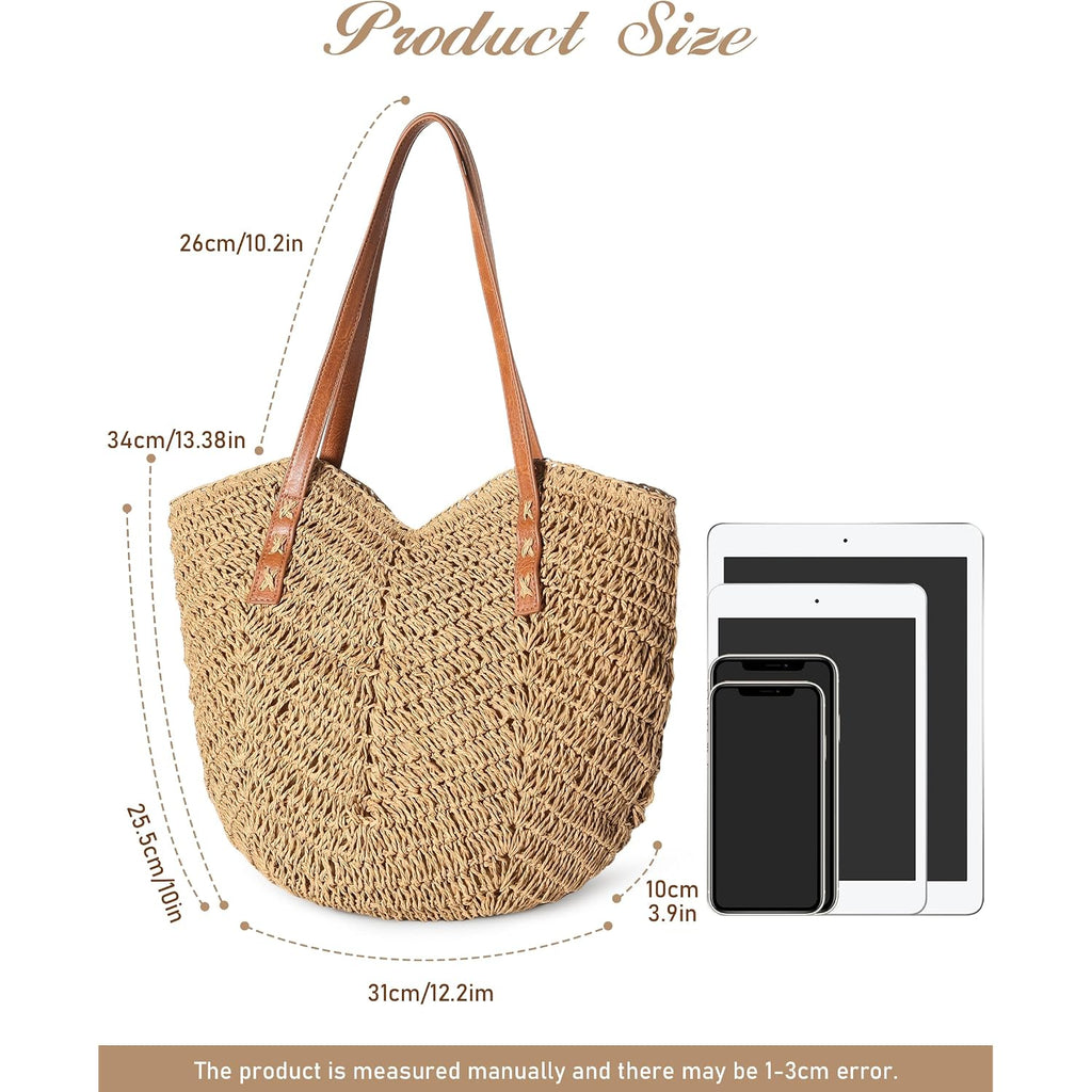 Beach Bags For Women - Straw Bag With Zipper, Soft Woven Beach Bag, Casual Straw Shoulder Bag For Daily Use